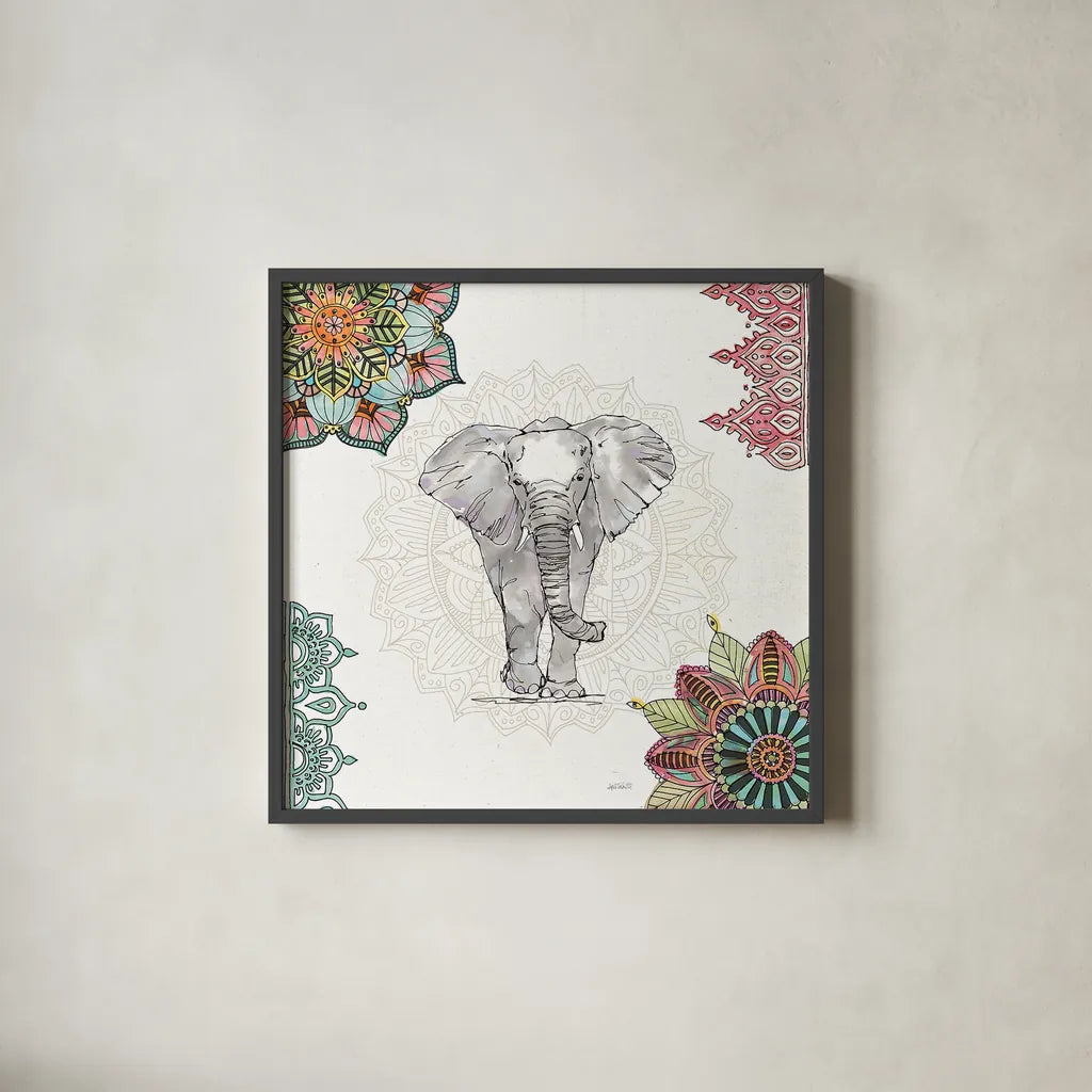 Mandala Morning I by Anne Tavoletti. Shown in a sleek black glass frame for a contemporary gallery look. Available as an archival giclee rolled canvas, fine art paper, or poster print. SKU 34825a.