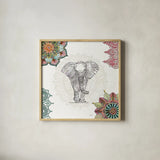 Mandala Morning I by Anne Tavoletti. Shown in a natural wood glass frame for a timeless modern aesthetic. Available as an archival giclee rolled canvas, fine art paper, or poster print. SKU 34825a.