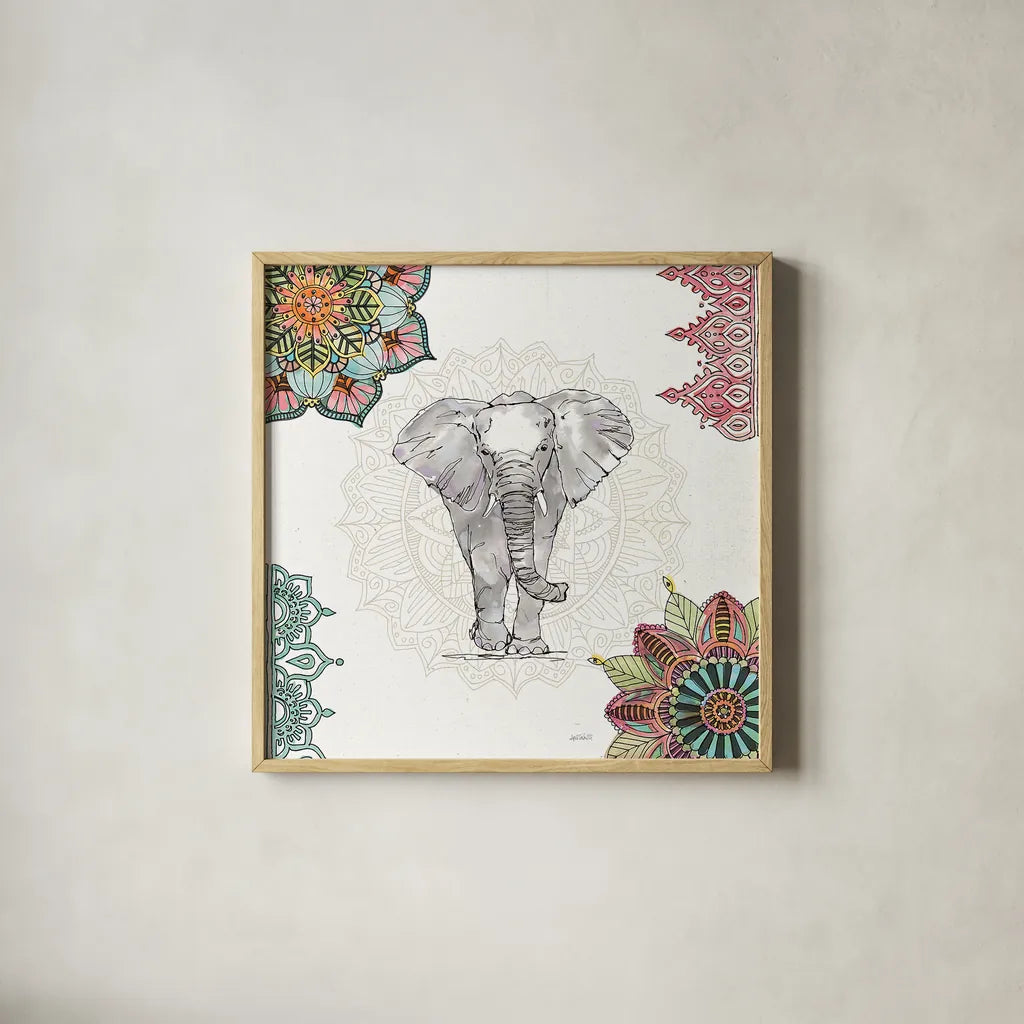 Mandala Morning I by Anne Tavoletti. Shown in a natural wood glass frame for a timeless modern aesthetic. Available as an archival giclee rolled canvas, fine art paper, or poster print. SKU 34825a.