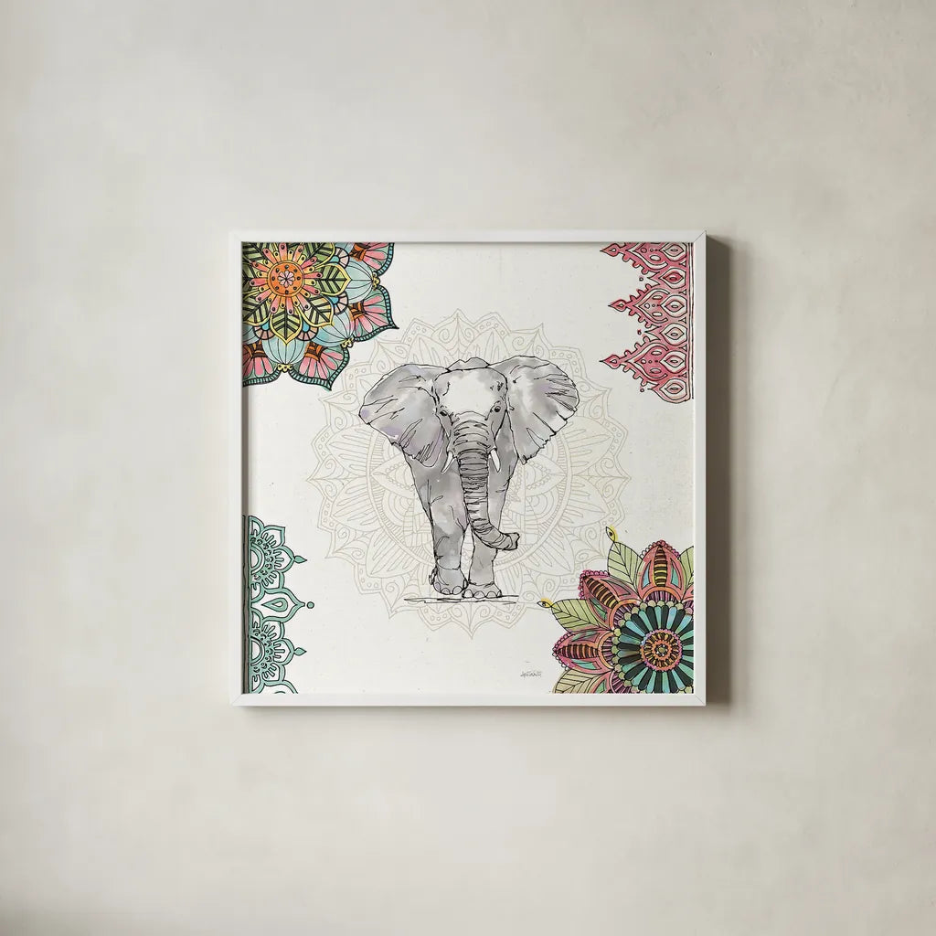 Mandala Morning I by Anne Tavoletti. Shown in a crisp white glass frame for a clean and minimalist style. Available as an archival giclee rolled canvas, fine art paper, or poster print. SKU 34825a.