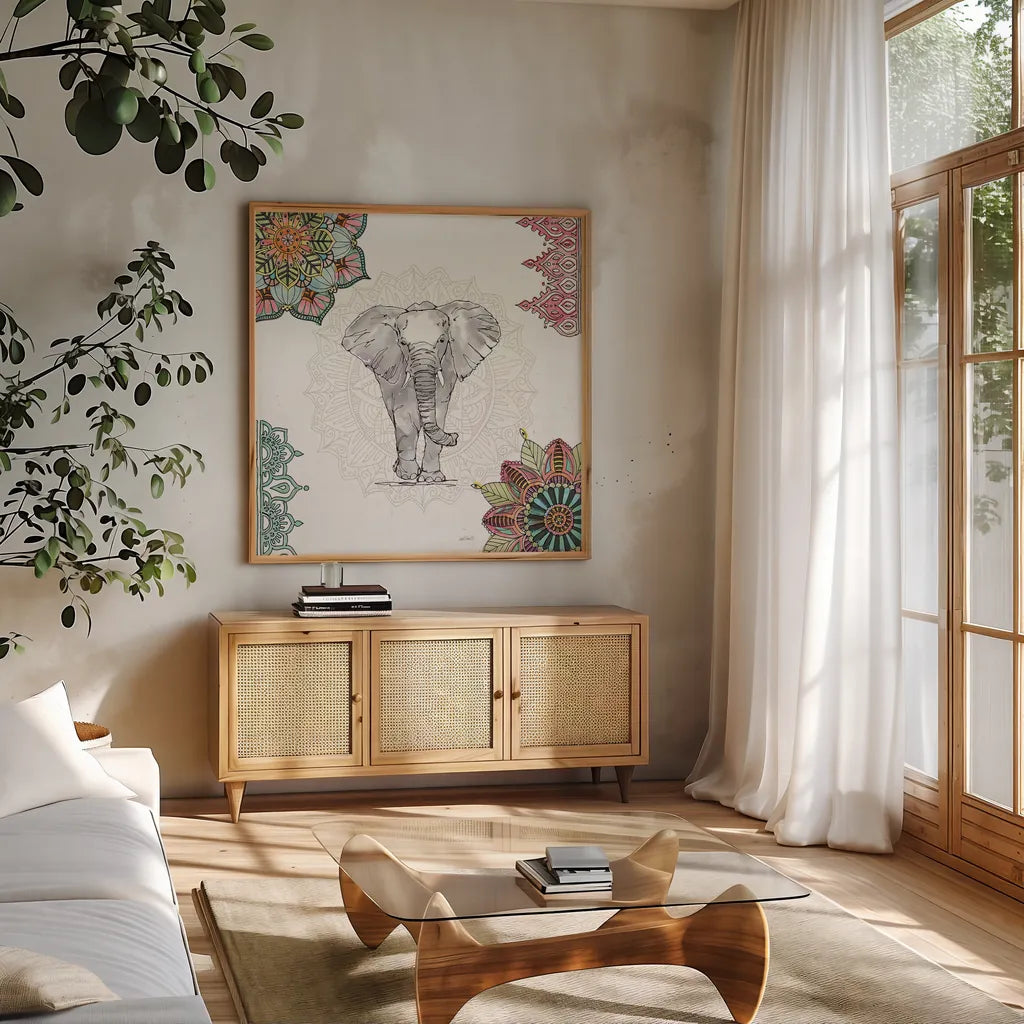 Mandala Morning I by Anne Tavoletti. Shown in a natural wood frame in a cozy modern living room. Available as an archival giclee rolled canvas, fine art paper, or poster print. SKU 34825a.