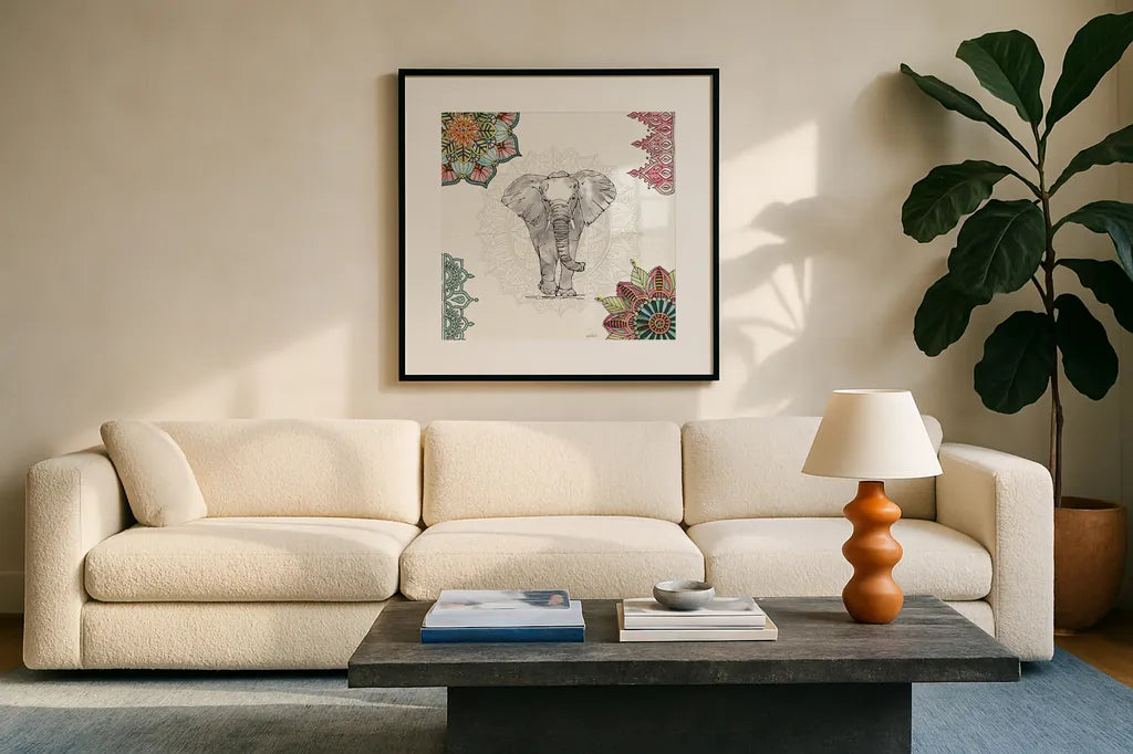 Mandala Morning I by Anne Tavoletti. Displayed in a glass frame with matte in a clean modern living room. Available as an archival giclee rolled canvas, fine art paper, or poster print. SKU 34825a.