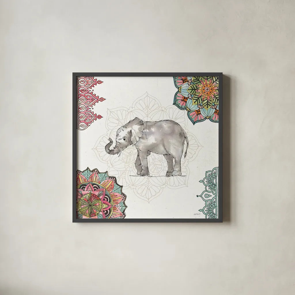 Mandala Morning II by Anne Tavoletti. Shown in a sleek black glass frame for a contemporary gallery look. Available as an archival giclee rolled canvas, fine art paper, or poster print. SKU 34826a.