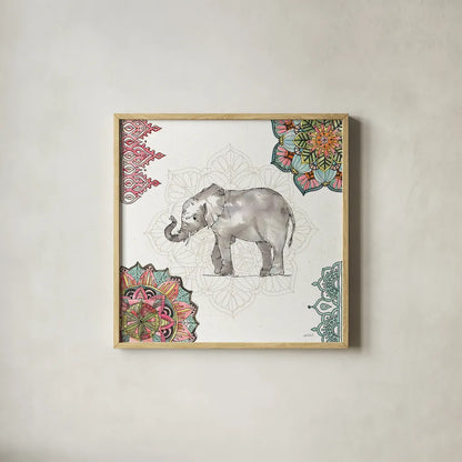 Mandala Morning II by Anne Tavoletti. Shown in a natural wood glass frame for a timeless modern aesthetic. Available as an archival giclee rolled canvas, fine art paper, or poster print. SKU 34826a.