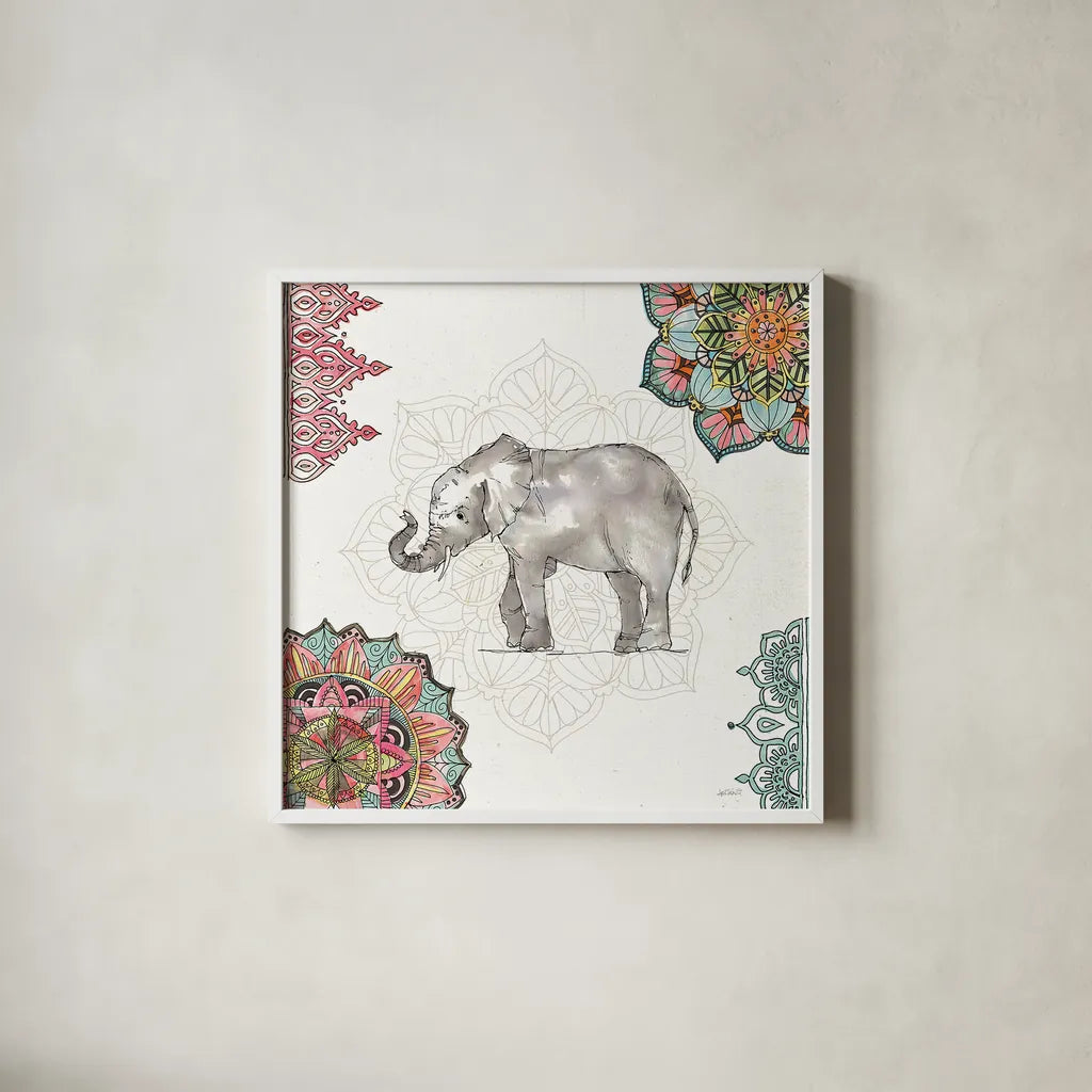 Mandala Morning II by Anne Tavoletti. Shown in a crisp white glass frame for a clean and minimalist style. Available as an archival giclee rolled canvas, fine art paper, or poster print. SKU 34826a.