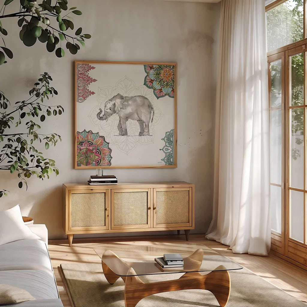 Mandala Morning II by Anne Tavoletti. Shown in a natural wood frame in a cozy modern living room. Available as an archival giclee rolled canvas, fine art paper, or poster print. SKU 34826a.