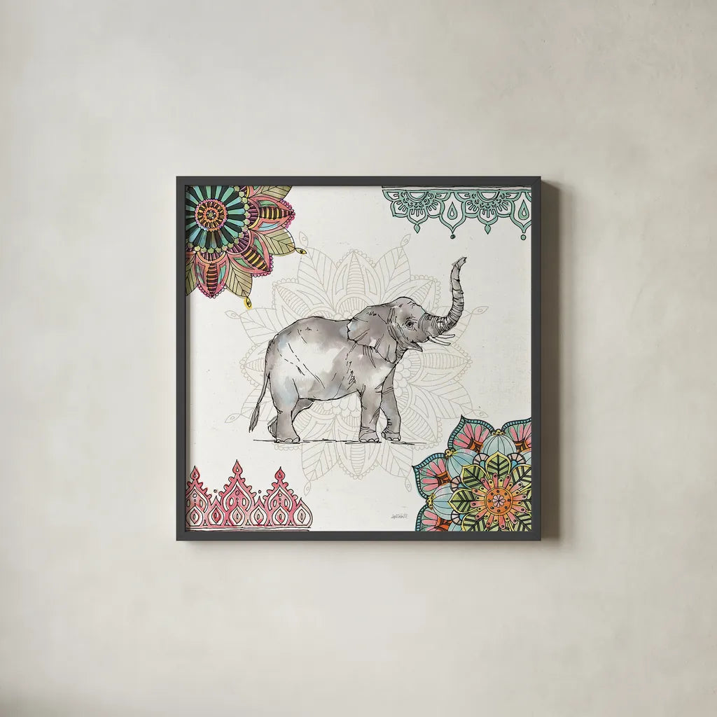 Mandala Morning III by Anne Tavoletti. Shown in a sleek black glass frame for a contemporary gallery look. Available as an archival giclee rolled canvas, fine art paper, or poster print. SKU 34827a.