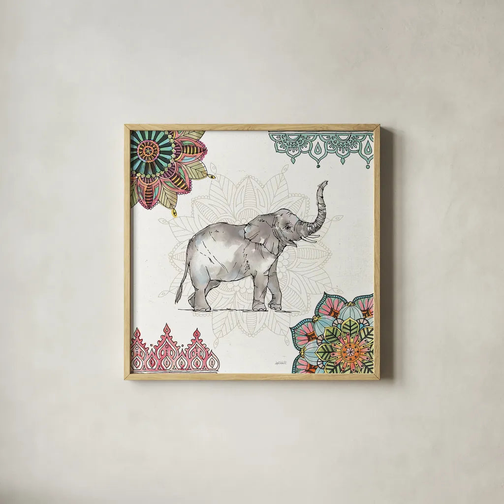 Mandala Morning III by Anne Tavoletti. Shown in a natural wood glass frame for a timeless modern aesthetic. Available as an archival giclee rolled canvas, fine art paper, or poster print. SKU 34827a.