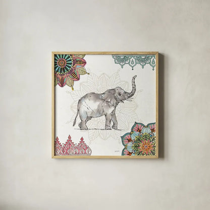 Mandala Morning III by Anne Tavoletti. Shown in a natural wood glass frame for a timeless modern aesthetic. Available as an archival giclee rolled canvas, fine art paper, or poster print. SKU 34827a.