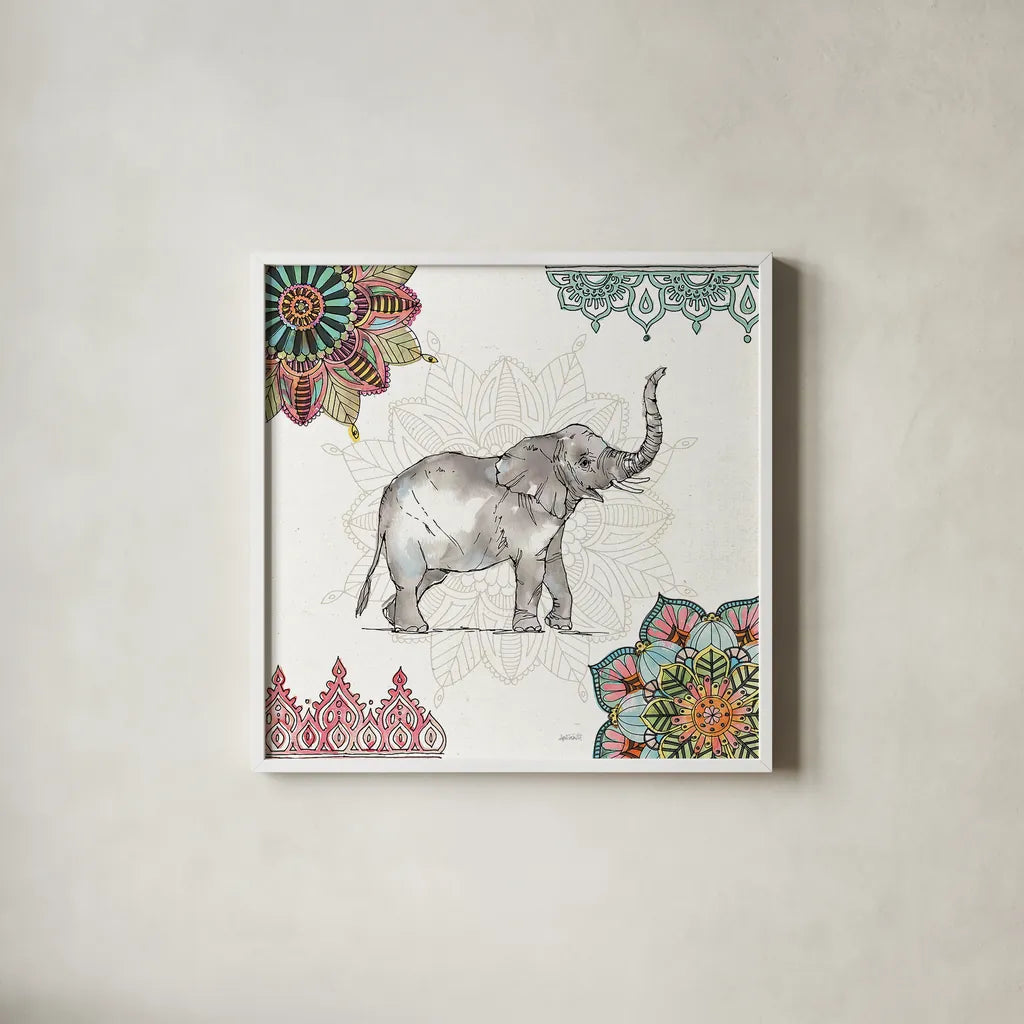 Mandala Morning III by Anne Tavoletti. Shown in a crisp white glass frame for a clean and minimalist style. Available as an archival giclee rolled canvas, fine art paper, or poster print. SKU 34827a.