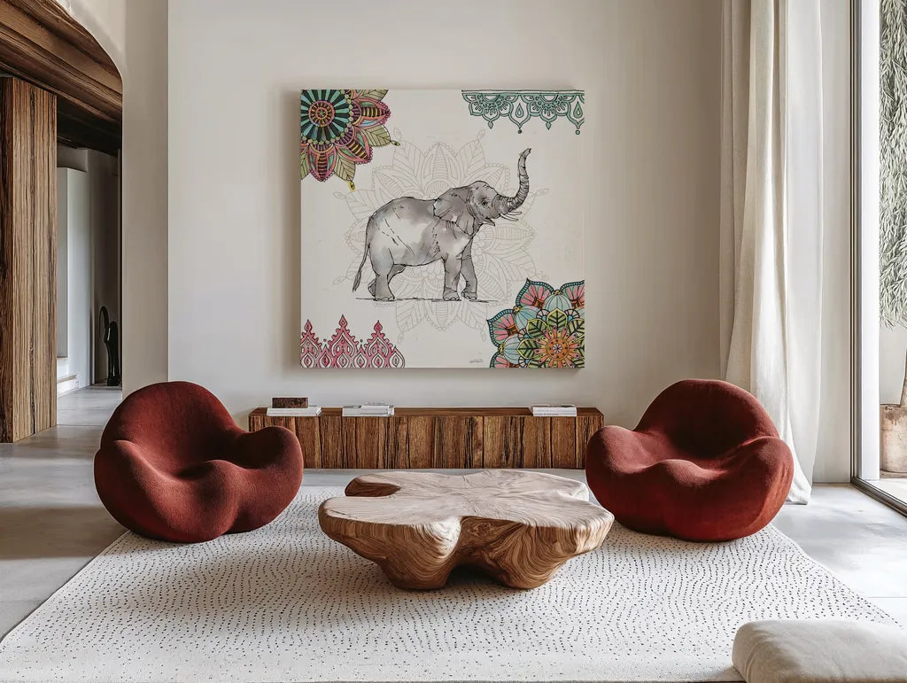 Mandala Morning III by Anne Tavoletti. Shown as extra-large giant wall art in a modern living room. Available as an archival giclee rolled canvas, fine art paper, or poster print. SKU 34827a.