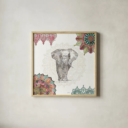 Mandala Morning IV by Anne Tavoletti. Shown in a natural wood glass frame for a timeless modern aesthetic. Available as an archival giclee rolled canvas, fine art paper, or poster print. SKU 34828a.