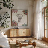 Mandala Morning IV by Anne Tavoletti. Shown in a natural wood frame in a cozy modern living room. Available as an archival giclee rolled canvas, fine art paper, or poster print. SKU 34828a.