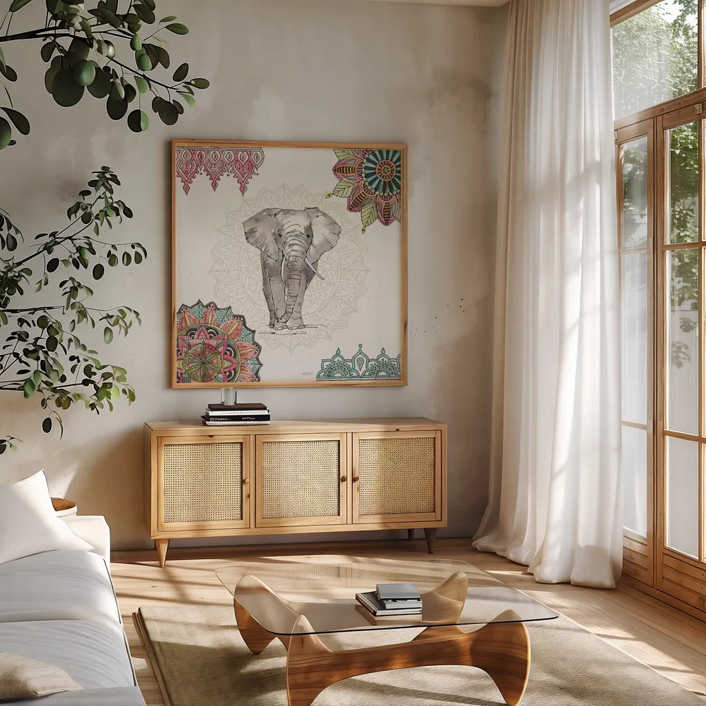 Mandala Morning IV by Anne Tavoletti. Shown in a natural wood frame in a cozy modern living room. Available as an archival giclee rolled canvas, fine art paper, or poster print. SKU 34828a.