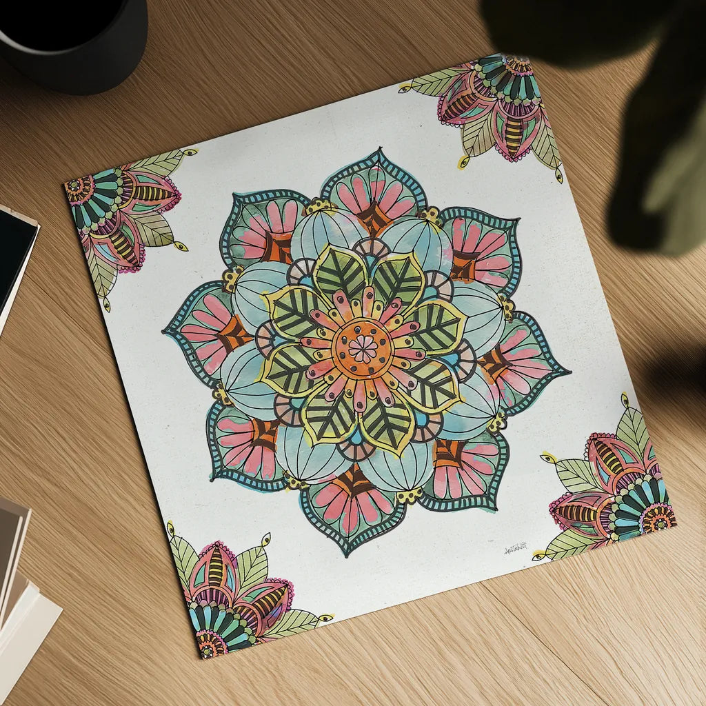 Mandala Morning V by Anne Tavoletti. Shown as a detailed flat fine art print, highlighting archival giclee quality. Available as an archival giclee rolled canvas, fine art paper, or poster print. SKU 34829a.