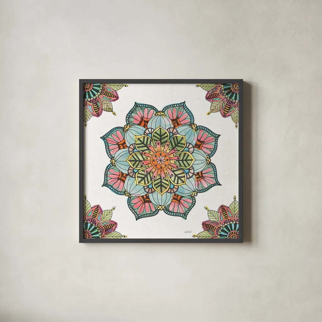 Mandala Morning V by Anne Tavoletti. Shown in a sleek black glass frame for a contemporary gallery look. Available as an archival giclee rolled canvas, fine art paper, or poster print. SKU 34829a.