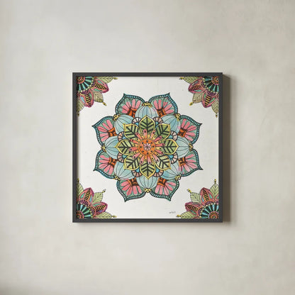 Mandala Morning V by Anne Tavoletti. Shown in a sleek black glass frame for a contemporary gallery look. Available as an archival giclee rolled canvas, fine art paper, or poster print. SKU 34829a.