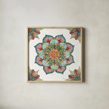 Mandala Morning V by Anne Tavoletti. Shown in a natural wood glass frame for a timeless modern aesthetic. Available as an archival giclee rolled canvas, fine art paper, or poster print. SKU 34829a.