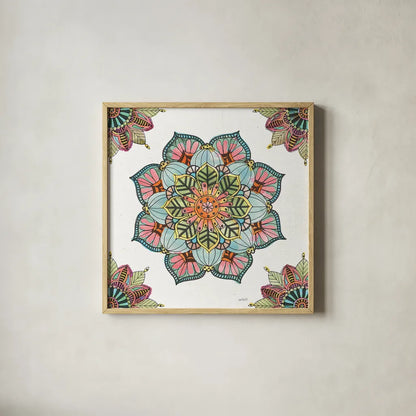Mandala Morning V by Anne Tavoletti. Shown in a natural wood glass frame for a timeless modern aesthetic. Available as an archival giclee rolled canvas, fine art paper, or poster print. SKU 34829a.