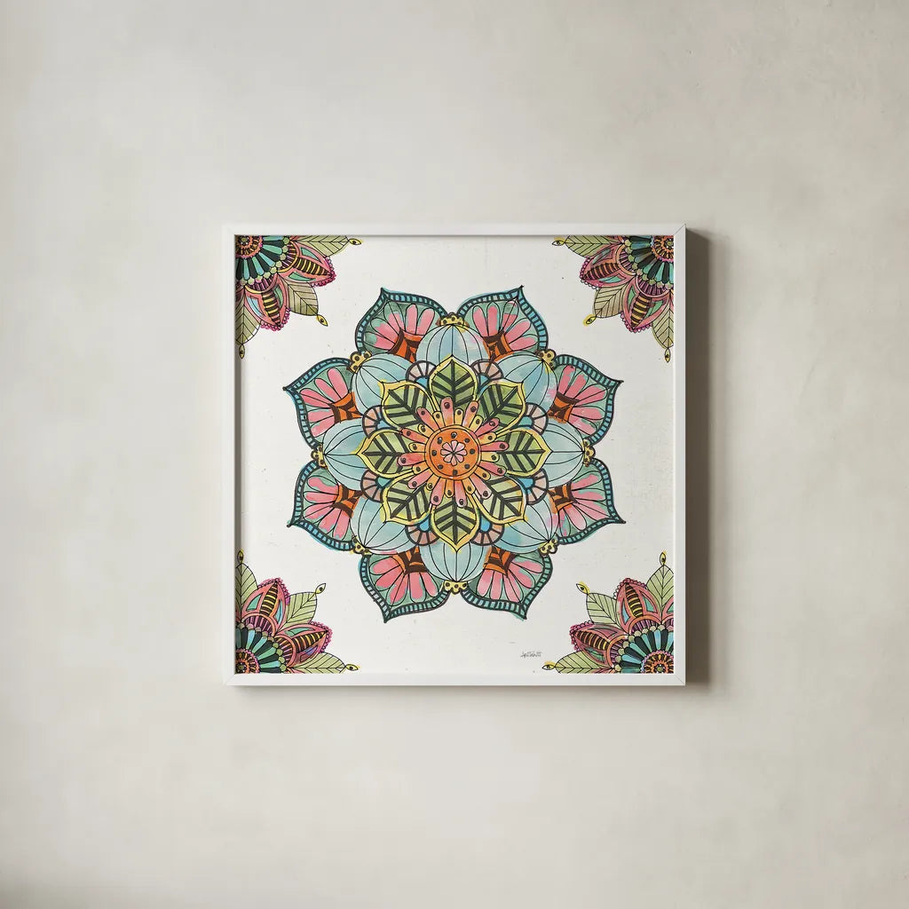 Mandala Morning V by Anne Tavoletti. Shown in a crisp white glass frame for a clean and minimalist style. Available as an archival giclee rolled canvas, fine art paper, or poster print. SKU 34829a.