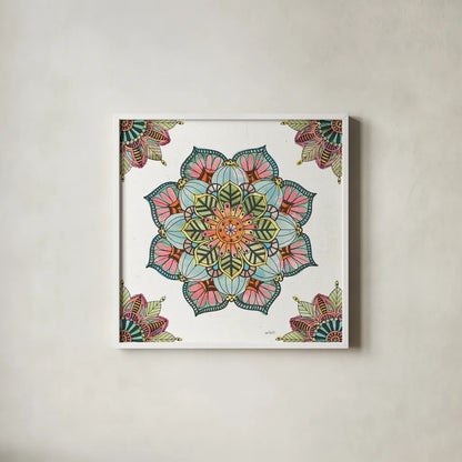 Mandala Morning V by Anne Tavoletti. Shown in a crisp white glass frame for a clean and minimalist style. Available as an archival giclee rolled canvas, fine art paper, or poster print. SKU 34829a.