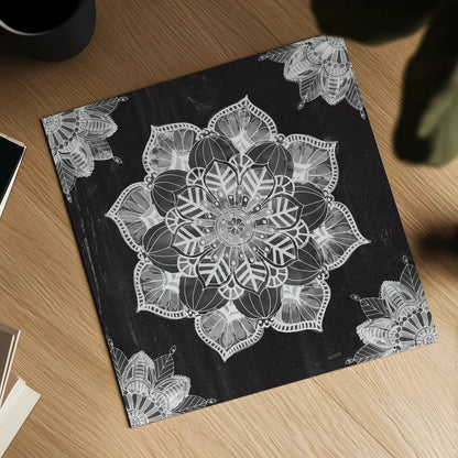 Mandala Morning V BW by Anne Tavoletti. Shown as a detailed flat fine art print, highlighting archival giclee quality. Available as an archival giclee rolled canvas, fine art paper, or poster print. SKU 46609a.