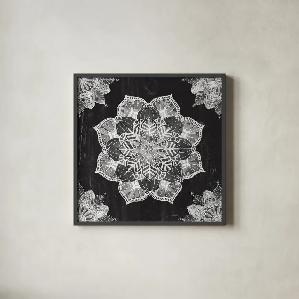 Mandala Morning V BW by Anne Tavoletti. Shown in a sleek black glass frame for a contemporary gallery look. Available as an archival giclee rolled canvas, fine art paper, or poster print. SKU 46609a.