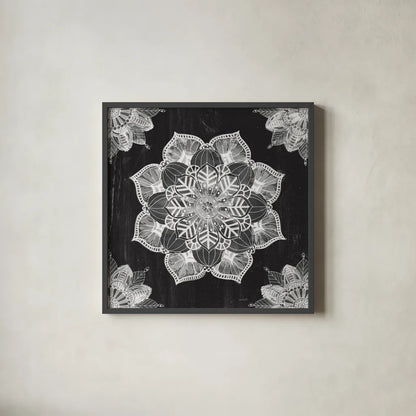 Mandala Morning V BW by Anne Tavoletti. Shown in a sleek black glass frame for a contemporary gallery look. Available as an archival giclee rolled canvas, fine art paper, or poster print. SKU 46609a.