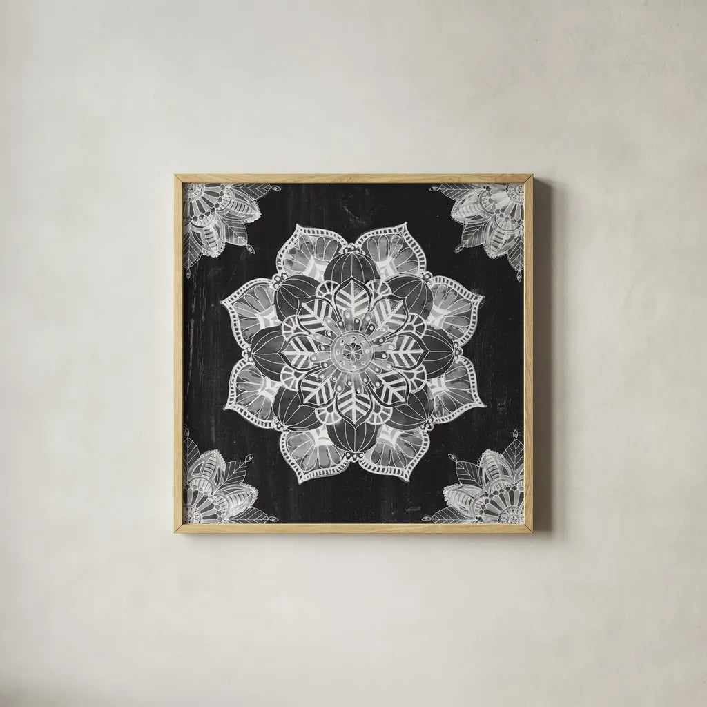 Mandala Morning V BW by Anne Tavoletti. Shown in a natural wood glass frame for a timeless modern aesthetic. Available as an archival giclee rolled canvas, fine art paper, or poster print. SKU 46609a.