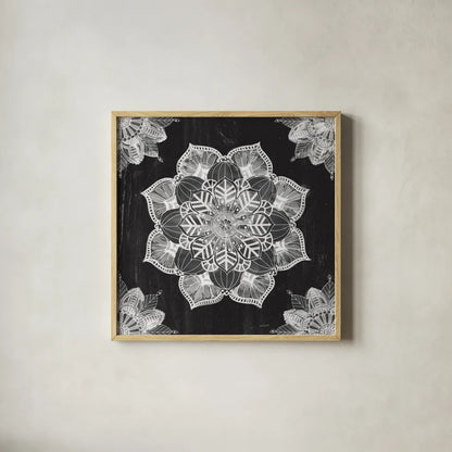 Mandala Morning V BW by Anne Tavoletti. Shown in a natural wood glass frame for a timeless modern aesthetic. Available as an archival giclee rolled canvas, fine art paper, or poster print. SKU 46609a.