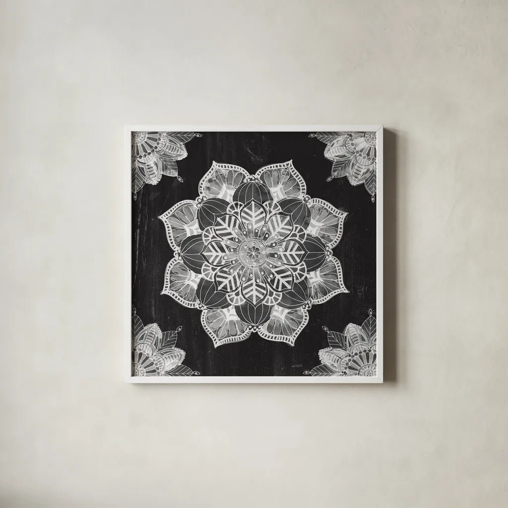Mandala Morning V BW by Anne Tavoletti. Shown in a crisp white glass frame for a clean and minimalist style. Available as an archival giclee rolled canvas, fine art paper, or poster print. SKU 46609a.