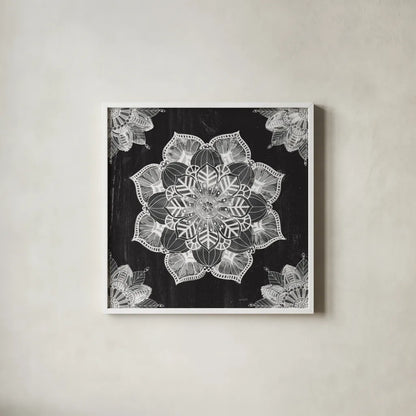 Mandala Morning V BW by Anne Tavoletti. Shown in a crisp white glass frame for a clean and minimalist style. Available as an archival giclee rolled canvas, fine art paper, or poster print. SKU 46609a.