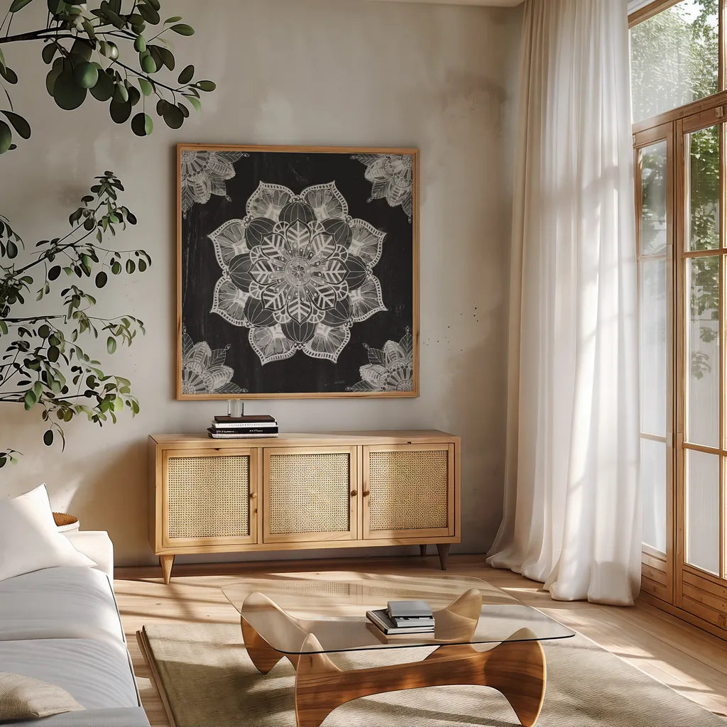 Mandala Morning V BW by Anne Tavoletti. Shown in a natural wood frame in a cozy modern living room. Available as an archival giclee rolled canvas, fine art paper, or poster print. SKU 46609a.