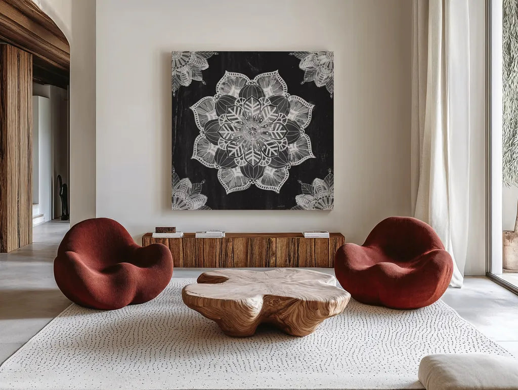 Mandala Morning V BW by Anne Tavoletti. Shown as extra-large giant wall art in a modern living room. Available as an archival giclee rolled canvas, fine art paper, or poster print. SKU 46609a.