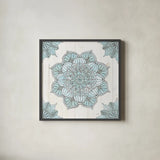 Mandala Morning V Blue and Gray by Anne Tavoletti. Shown in a sleek black glass frame for a contemporary gallery look. Available as an archival giclee rolled canvas, fine art paper, or poster print. SKU 34912a.