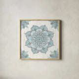 Mandala Morning V Blue and Gray by Anne Tavoletti. Shown in a natural wood glass frame for a timeless modern aesthetic. Available as an archival giclee rolled canvas, fine art paper, or poster print. SKU 34912a.