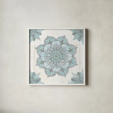 Mandala Morning V Blue and Gray by Anne Tavoletti. Shown in a crisp white glass frame for a clean and minimalist style. Available as an archival giclee rolled canvas, fine art paper, or poster print. SKU 34912a.