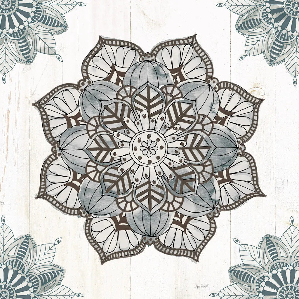 Mandala Morning V Blue and Gray v2 by Anne Tavoletti. SKU 42244a. Archival Giclee Fine art print for wall decor.