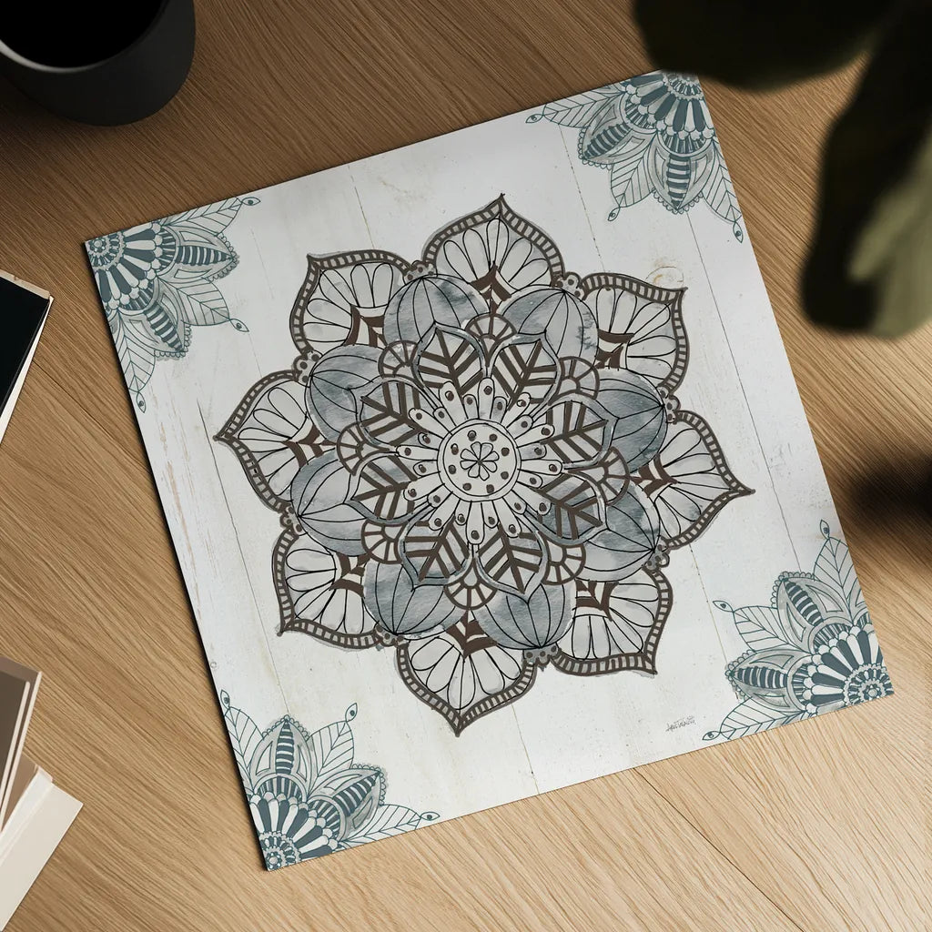 Mandala Morning V Blue and Gray v2 by Anne Tavoletti. Shown as a detailed flat fine art print, highlighting archival giclee quality. Available as an archival giclee rolled canvas, fine art paper, or poster print. SKU 42244a.