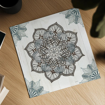 Mandala Morning V Blue and Gray v2 by Anne Tavoletti. Shown as a detailed flat fine art print, highlighting archival giclee quality. Available as an archival giclee rolled canvas, fine art paper, or poster print. SKU 42244a.