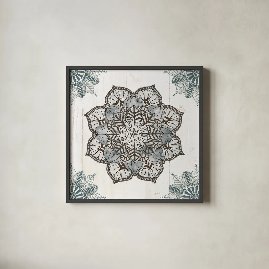 Mandala Morning V Blue and Gray v2 by Anne Tavoletti. Shown in a sleek black glass frame for a contemporary gallery look. Available as an archival giclee rolled canvas, fine art paper, or poster print. SKU 42244a.