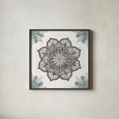 Mandala Morning V Blue and Gray v2 by Anne Tavoletti. Shown in a sleek black glass frame for a contemporary gallery look. Available as an archival giclee rolled canvas, fine art paper, or poster print. SKU 42244a.