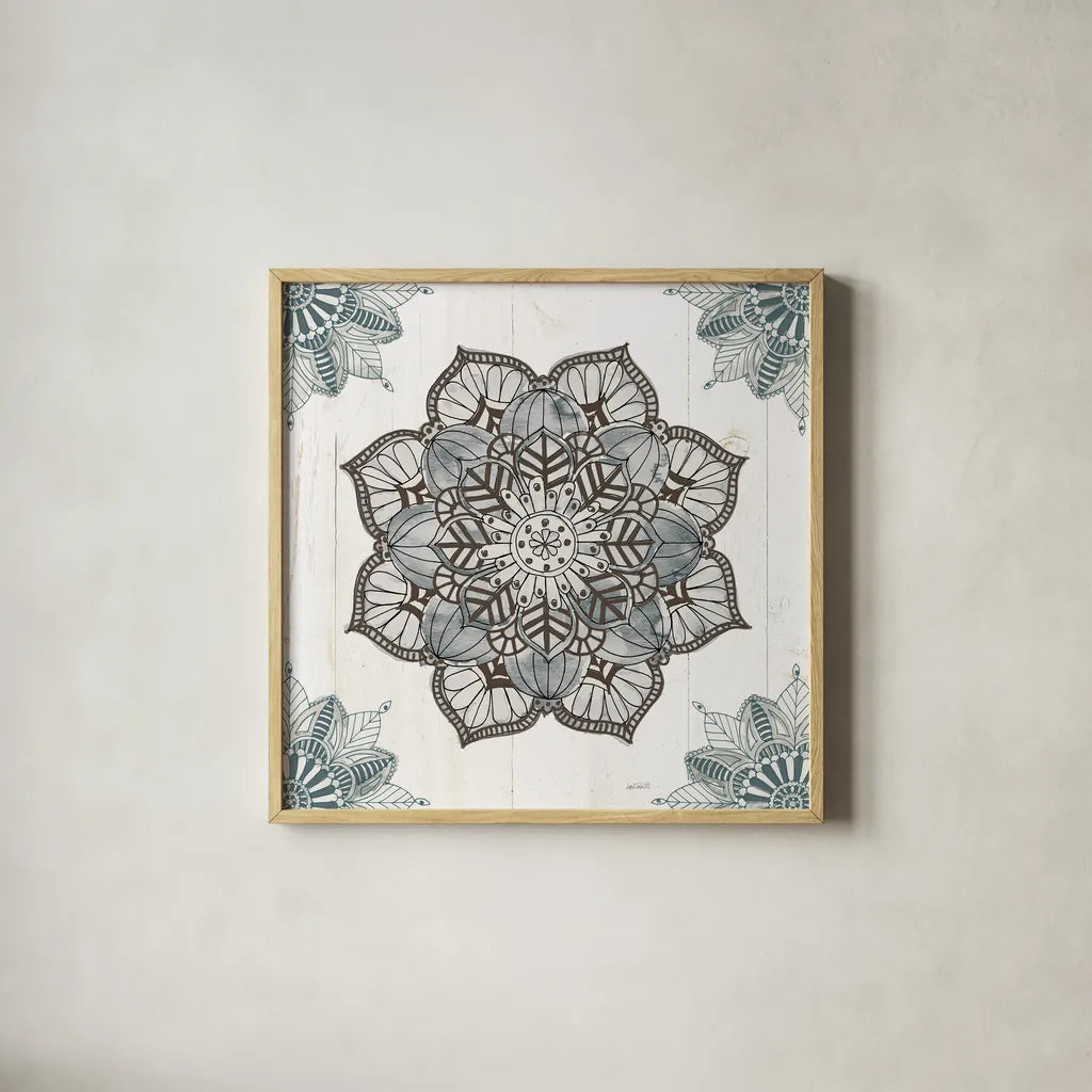 Mandala Morning V Blue and Gray v2 by Anne Tavoletti. Shown in a natural wood glass frame for a timeless modern aesthetic. Available as an archival giclee rolled canvas, fine art paper, or poster print. SKU 42244a.