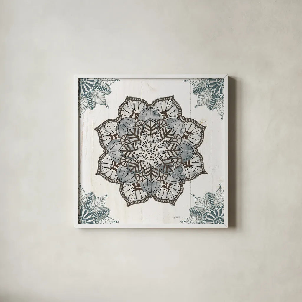Mandala Morning V Blue and Gray v2 by Anne Tavoletti. Shown in a crisp white glass frame for a clean and minimalist style. Available as an archival giclee rolled canvas, fine art paper, or poster print. SKU 42244a.
