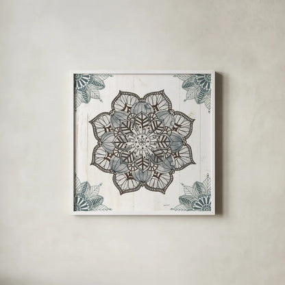 Mandala Morning V Blue and Gray v2 by Anne Tavoletti. Shown in a crisp white glass frame for a clean and minimalist style. Available as an archival giclee rolled canvas, fine art paper, or poster print. SKU 42244a.