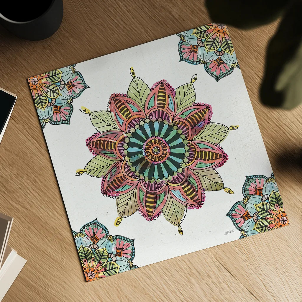 Mandala Morning VI by Anne Tavoletti. Shown as a detailed flat fine art print, highlighting archival giclee quality. Available as an archival giclee rolled canvas, fine art paper, or poster print. SKU 34830a.