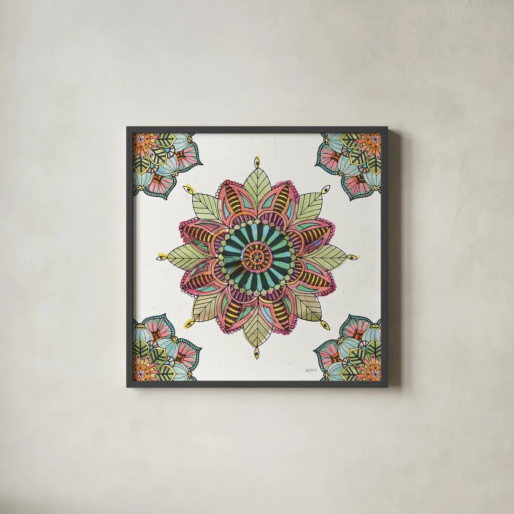Mandala Morning VI by Anne Tavoletti. Shown in a sleek black glass frame for a contemporary gallery look. Available as an archival giclee rolled canvas, fine art paper, or poster print. SKU 34830a.