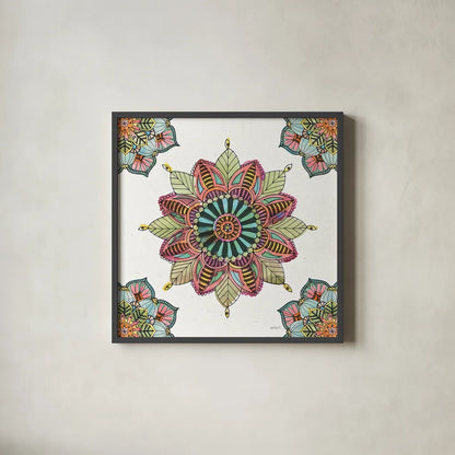 Mandala Morning VI by Anne Tavoletti. Shown in a sleek black glass frame for a contemporary gallery look. Available as an archival giclee rolled canvas, fine art paper, or poster print. SKU 34830a.