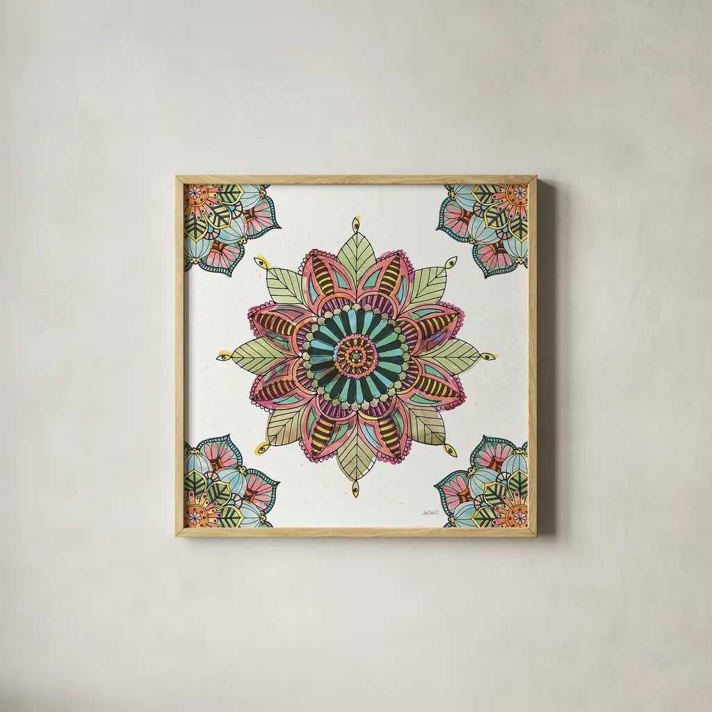 Mandala Morning VI by Anne Tavoletti. Shown in a natural wood glass frame for a timeless modern aesthetic. Available as an archival giclee rolled canvas, fine art paper, or poster print. SKU 34830a.