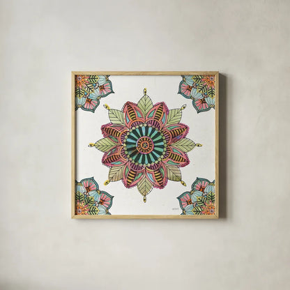 Mandala Morning VI by Anne Tavoletti. Shown in a natural wood glass frame for a timeless modern aesthetic. Available as an archival giclee rolled canvas, fine art paper, or poster print. SKU 34830a.